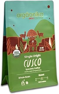 New Orgaanika Andes Cusco (Peru) 12oz | Gourmet Organic | Specialty Single Origin | Whole Beans | All Brewing Methods, well balanced, bulletproof flavor, aroma and body. (bag 12 oz)