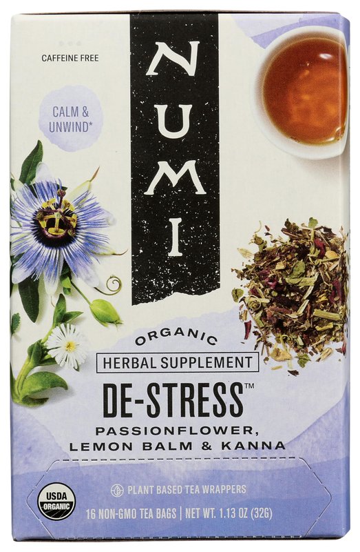 Numi Organic De-Stress Tea Bags, 16 Tea Bags, Passionflower, Lemon Balm, and Kanna, Caffeine Free
