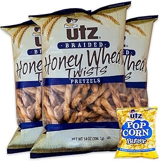 Utz Honey Wheat Braided Twists Pretzels (3, 14oz bags) - Variety Pack - Utz Butter Popcorn (1, 2.5oz bag) - Gourmet Honey Pretzels - 4 Bags Total