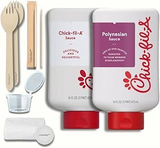 Chick-fil-A Original Sauce and Polynesian Sauce 16oz Each, Bundle with Litardex Wooden Sporks, Toothpicks, Dipping Cup, and Compressed Towel (5 Items)