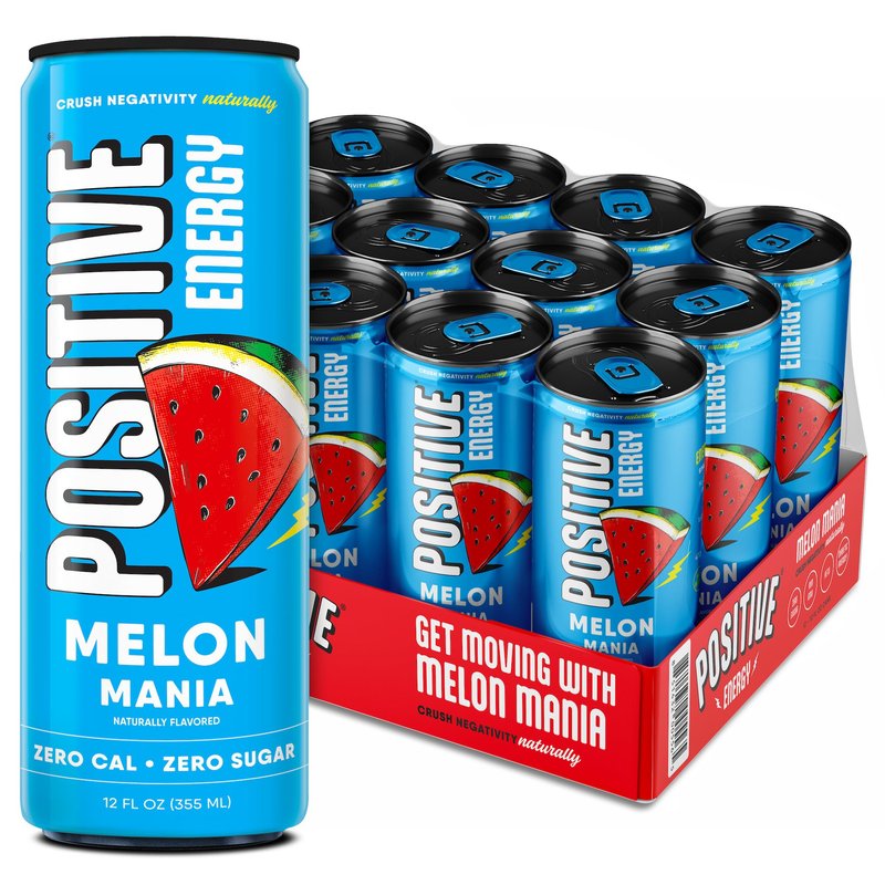 Positive Energy Beverage | Melon Mania | 12-oz Can, Pack of 12 | Zero Sugar Energy Drink, Supports Immunity and Hydration