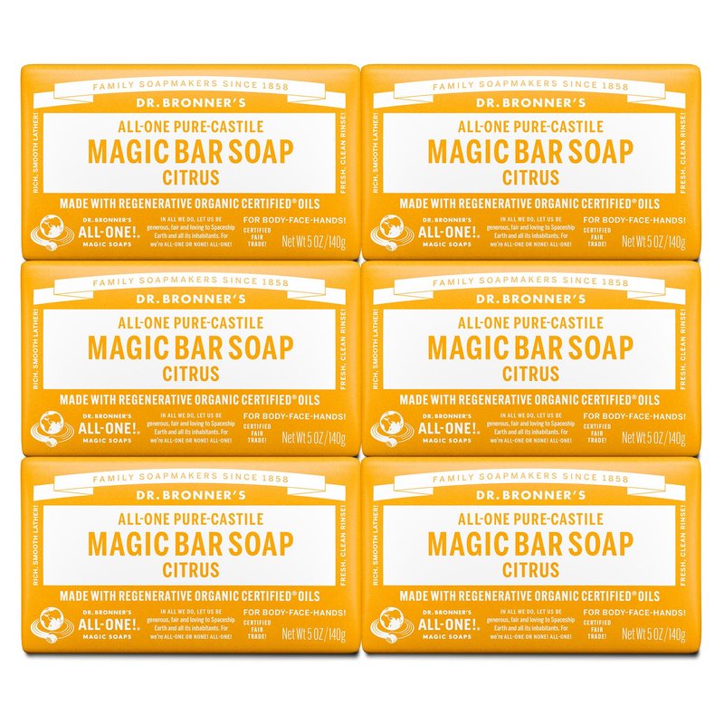 Dr. Bronner's Pure-Castile Magic Soap Bar (Citrus, 5 oz, 6-Pack)- Bath Soap with Regenerative Organic Certified Oils - For Face, Body & Hair - Gentle, Vegan - Bars for Men & Women