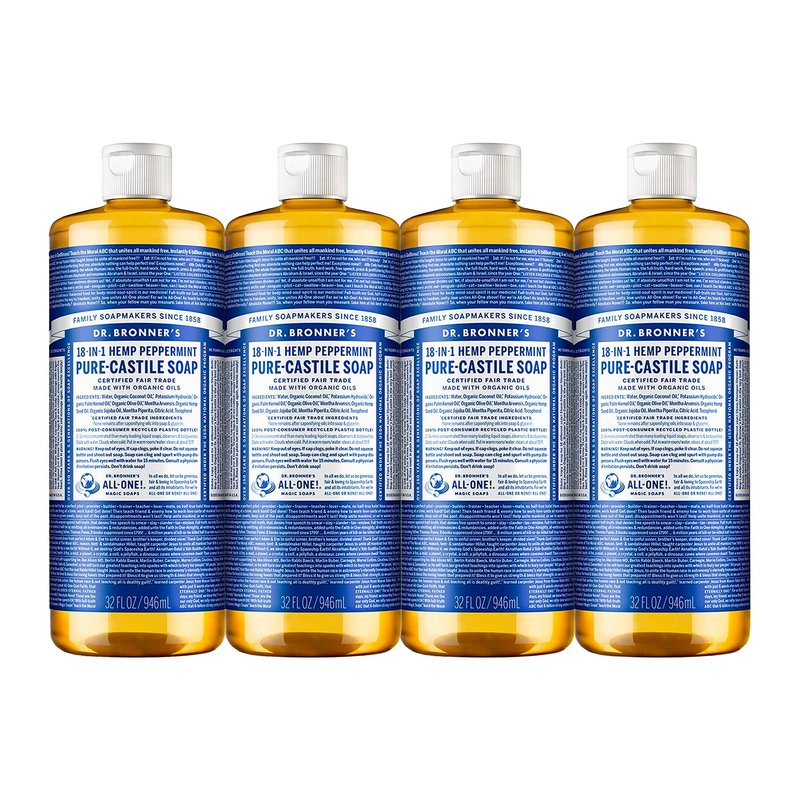 Dr. Bronner's Pure-Castile Liquid Soap (Peppermint, 32 Ounce, 4-Pack) - Made with Organic Oils, 18-in-1 Uses: Face, Body, Hair, Laundry, Pets & Dishes, Concentrated, Vegan, Non-GMO