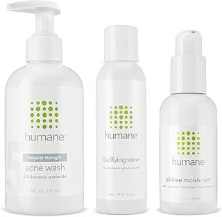 humane Regular-Strength Acne Wash, Clarifying Toner and Oil-Free Moisturizer Bundle - 5% Benzoyl Peroxide Acne Treatment