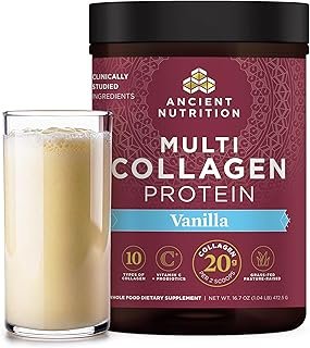 Collagen Powder Protein by Ancient Nutrition, Multi Collagen Vanilla Protein Powder, 45 Servings, with Vitamin C, Hydrolyzed Collagen Peptides Supports Skin and Nails, Gut Health, 16.7oz