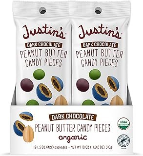 Justin's Dark Chocolate Peanut Butter Candy Pieces 12pk of 1.5oz bags Organic, Gluten Free, Non-GMO, Responsibly Source, Rainforest Alliance Certified Cocoa
