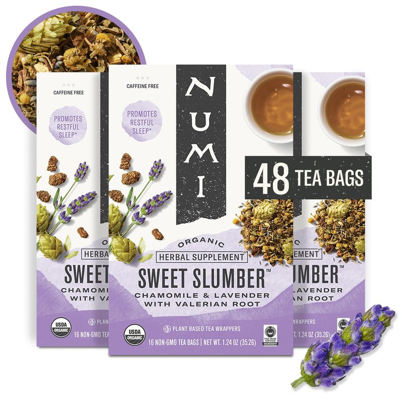 Numi Organic Tea Sweet Slumber, Valerian Root, Chamomile & Lavender Sleep Tea, 16 Tea Bags (Pack of 3), Packaging May Vary