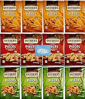 Snyder's of Hanover Pretzel Pieces, Variety 12 Pack bundled by SUPERDEALS 4 Cheddar Cheese, 4 Honey Mustard and Onion, 4 Jalapeno Pretzels, 2.25 oz each bag, total 27 Ounces with mystery gift in every order