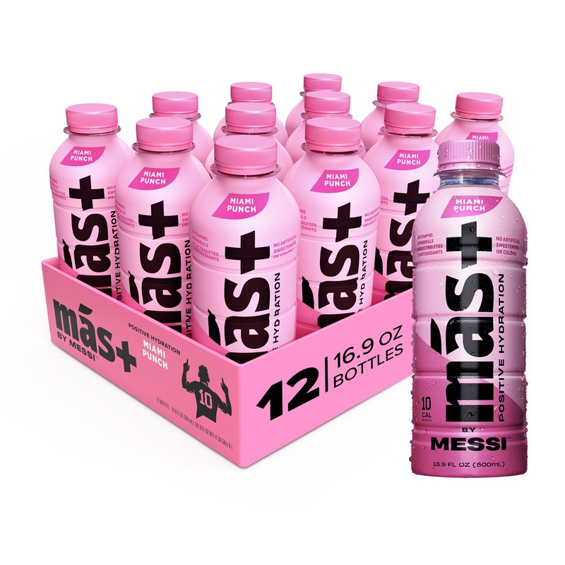 Más+ by Messi 16.9oz Miami Punch, Sports Drink & Hydration Beverage, Natural Flavors with Vitamins and Electrolytes, No Artificial Sweeteners or Colors, 12-pack