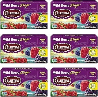 Celestial Seasonings Wild Berry Zinger Herbal Tea, Caffeine Free, 20 Tea Bags Box, (Pack of 6)