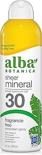 Alba Botanica Sheer Mineral Sunscreen Spray, SPF 30, Fragrance-Free Broad Spectrum, Water Resistant and Biodegradable, 5 fl. Oz. Bottle