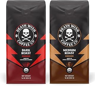Death Wish Coffee Co. Ground Coffee Bundle, Includes 1 Pack of Dark Roast (16 oz) and 1 Pack of Medium Roast (16 oz)