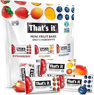 That's it. Mini Fruit Bars (Variety 24 Pack) No Sugar Added, Plant-Based, Vegan & Gluten Free, Breakfast Bar, Paleo, for Children & Adults, Non GMO, Fiber (8 Blueberry, 8 Strawberry, 8 Mango)