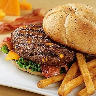 Premium Cheddar Bacon Beef Steak Burgers, 12 count, 8 oz each. Restaurant-quality, corn-fed beef steak burgers with cooking instructions from Kansas City Steak Company. Grill indoors or outdoors.