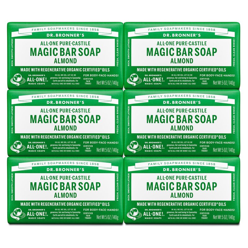 Dr. Bronner's Pure-Castile Magic Bar Soap (Almond, 5 oz, 6-Pack) - Made with Regenerative Organic Certified Oils- For Face, Body & Hair, Gentle, Vegan Bath Soaps for Men & Women, Non-GMO