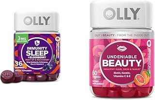 OLLY Sleep Immunity Melatonin Gummy Vitamin C Zinc Echinacea Berry 36 Count and Undeniable Beauty Gummy Hair Skin Nails Biotin Vitamin C Keratin Grapefruit 60 Count
