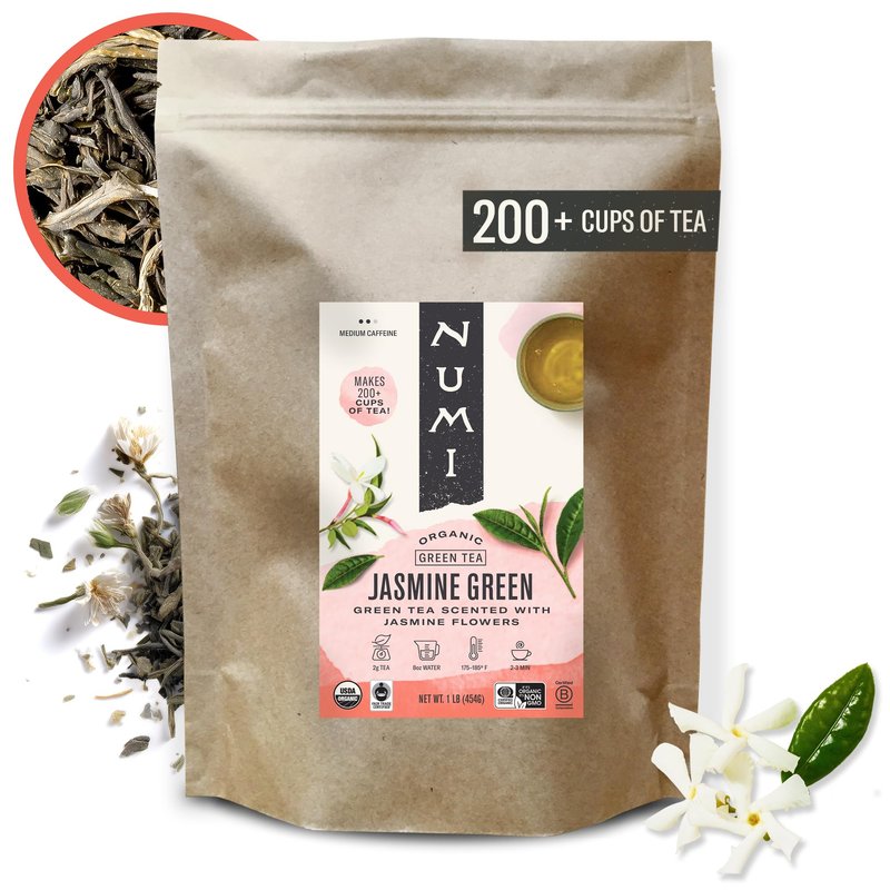 Numi Organic Jasmine Green Tea, 16 Ounce Pouch, Loose Leaf Floral Green Tea, Brews 200 Cups, Caffeinated (Packaging May Vary)