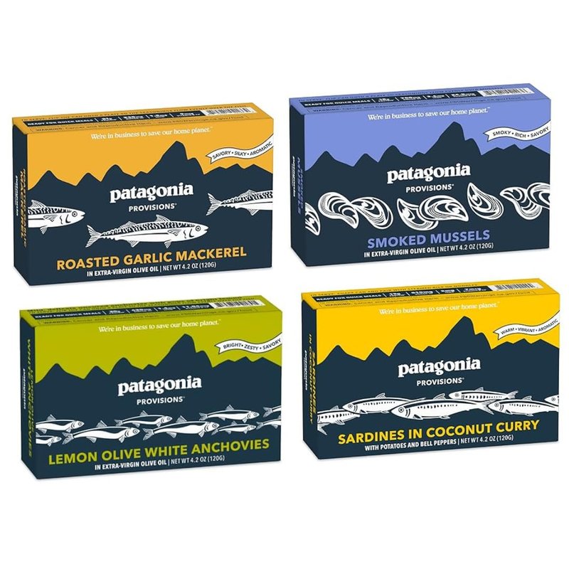 Patagonia Provisions Best Sellers Fish Bundle | (1) Roasted Garlic Mackerel, (1) Smoked Mussels, (1), Lemon Olive Anchovies, (1) Coconut Curry Sardines