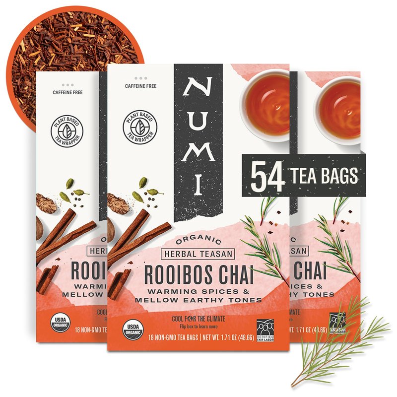 Numi Organic Rooibos Chai Tea Bags, 18 Tea Bags (Pack of 3), Red Tea with Cinnamon, Allspice & Ginger, Caffeine Free