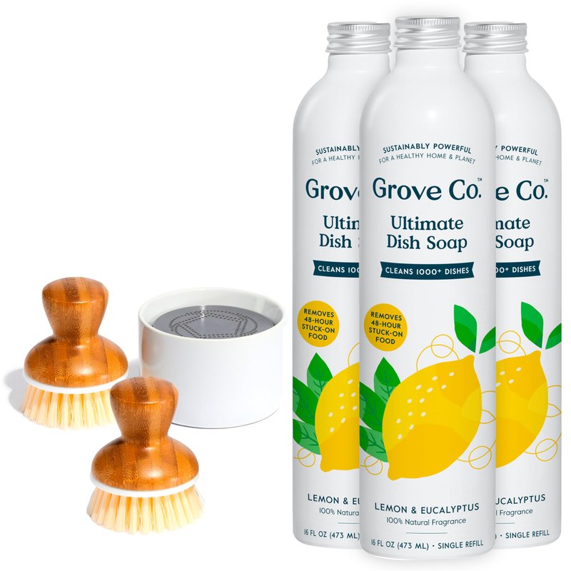 Grove Co. Ultimate Dish Soap Refills, Lemon & Eucalyptus (3 x 16 Fl Oz) and Bubble-Up Dish Soap Dispenser & 2 Pack Brush Set Bundle