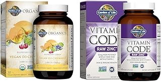 Garden of Life Organics Vegan Vitamin D3 Chewable Raspberry Lemon 2000 IU + Zinc Supplements 30mg Raw Zinc Vitamin C Immune Health