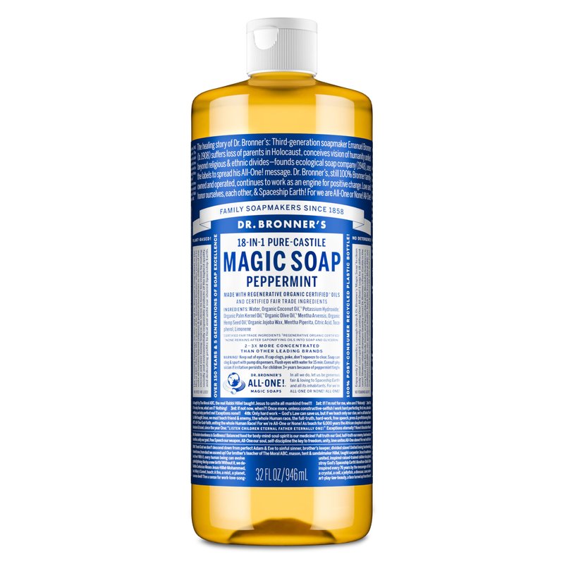Dr. Bronner's Pure-Castile Magic Liquid Soap - Made with Regenerative Organic Certified Oils- 18-in-1 Uses for Face, Body, Hand, Hair, Laundry & More- Vegan, Non-GMO- Body Wash- Peppermint,32oz