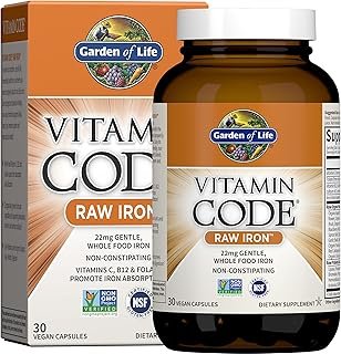 Garden of Life Vitamin Code Raw Iron Supplement - 30 Vegan Capsules, 22mg Once Daily Iron, Vitamins C, B12, Folate, Fruit, Veggies & Probiotics, Iron Supplements for Women, Energy & Anemia Support