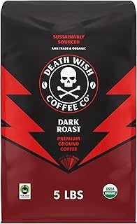 Death Wish Coffee Dark Roast Grounds - Bold Intense Blend of Arabica & Robusta Beans - USDA Organic Ground Coffee - 80 oz.
