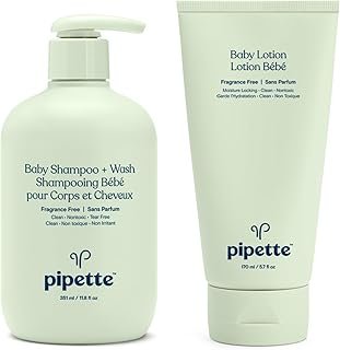 Pipette Fragrance-Free Wash and Lotion Duo, Clean, Tear-Free Bath Time, Sulfate-Free, Paraben-Free, Sensitive Skin Baby Wash and Baby Lotion, Hypoallergenic, Non-Toxic (Pack of 2)
