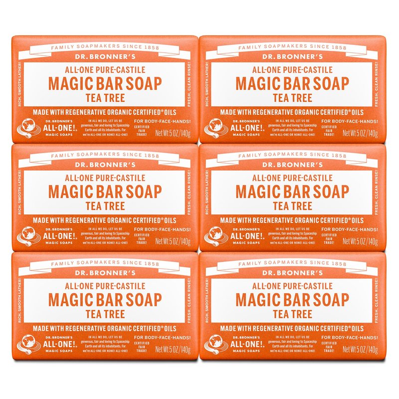 Dr. Bronner's Pure-Castile Magic Bar Soap (Tea Tree, 5 ounce, 6-Pack) - Made with Regenerative Organic Certified Oils, For Face, Body & Hair, Gentle, Vegan, Non-GMO
