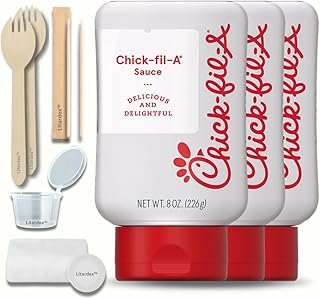 Chick-Fil-A Sauce 8 oz 3pk Squeeze Bottle Bundle Wooden Sporks, Dipping Cup, Compressed Towel, and Toothpicks (5 Items)