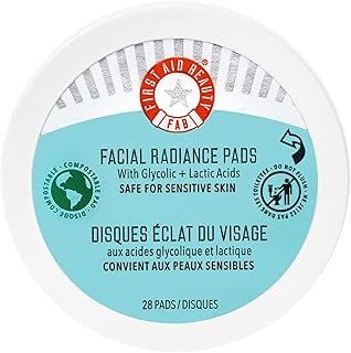 First Aid Beauty Facial Radiance Pads with Glycolic & Lactic Acids, Daily Exfoliating Pads with AHA, Visibly Smaller Pores, Help Tone & Brighten Skin, One-Step Makeup Prep, Compostable, 28