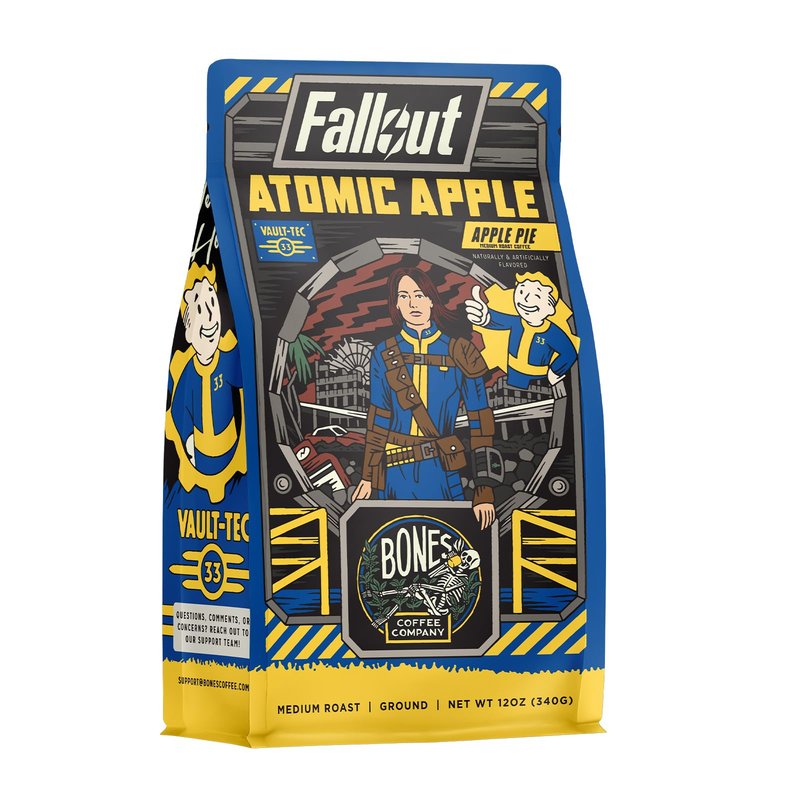 Bones Coffee Company Fallout Atomic Apple, Apple Pie Flavored Coffee, Medium Roast Low Acid Arabica Beans Compatible with Auto drip and French Press Coffee Maker, 12 Oz Ground