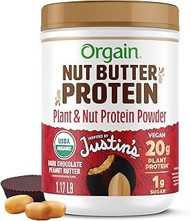 Orgain X Justin's ® Organic Vegan Nut Butter Protein Powder, Chocolate Peanut Butter- 20g Plant Protein, 1g Sugar, Gluten Free, No Dairy, Soy Ingredients, or Artificial Flavors, 1.17 lb