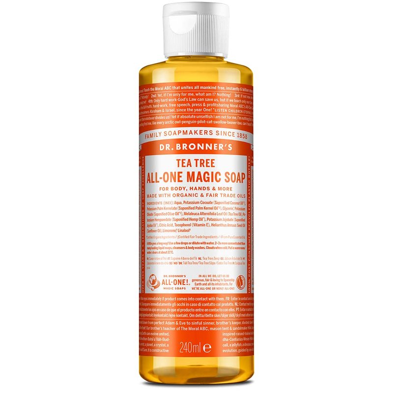 Dr. Bronner's Pure-Castile Liquid Soap (Tea Tree, 8 ounce) - Made with Organic Oils, 18-in-1 Uses: Acne-Prone Skin, Dandruff, Laundry, Pets and Dishes, Concentrated, Vegan, Non-GMO