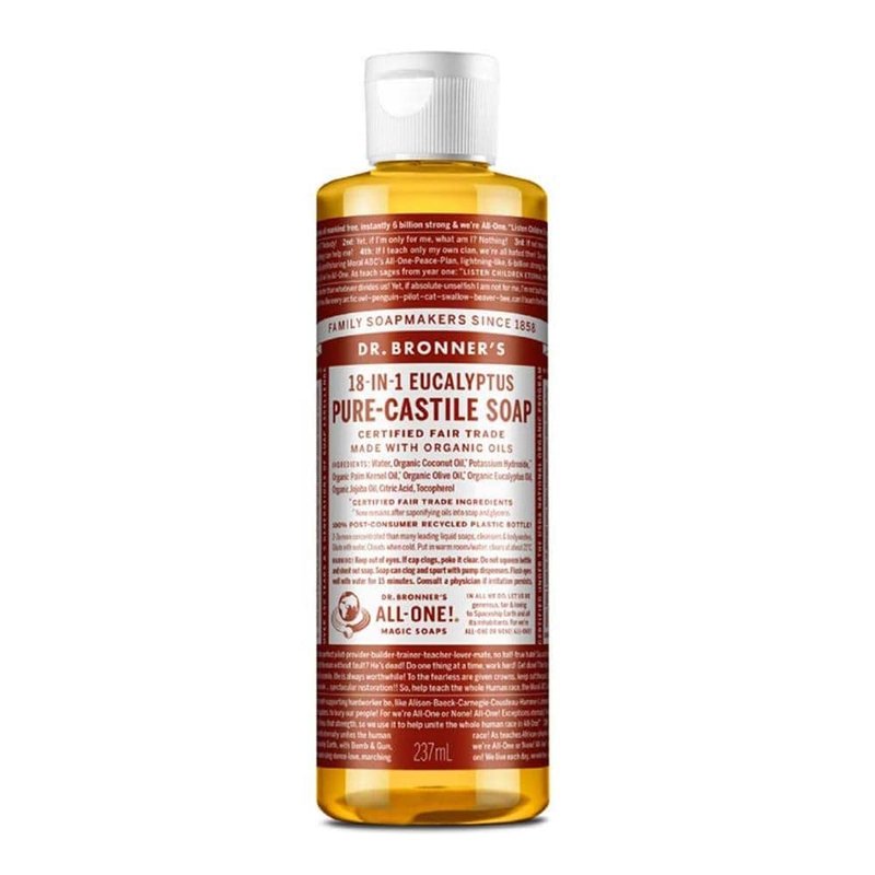 Dr. Bronner's Pure-Castile Liquid Soap (Eucalyptus, 8 ounce) - Made with Organic Oils, 18-in-1 Uses: Face, Body, Hair, Laundry, Pets and Dishes, Concentrated, Vegan, Non-GMO
