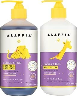 Alaffia Babies and Kids Shampoo & Body Wash (16oz) and Body Lotion (16oz) - Gentle Everyday Bath Essentials for Delicate Skin/Hair- Paraben & Sulfate Free - Natural Plant-Based Lemon Lavender Scent