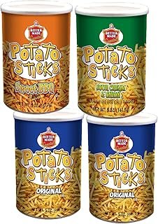 Better Made Potato Sticks 5oz Canister Variety 4-PacK - Shoestring Potato Sticks - Gluten Free - Crunchy, Crispy Snack from Fresh Potatoes - Resealable Lids (Original, Sour Cream & Onion, Sweet BBQ)