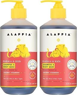 Alaffia Babies and Kids Shampoo and Body Wash, Gentle and Calming Support for Soft Hair and Skin with Shea Butter, Neem, and Coconut Oil, Fair Trade, Coconut Strawberry, 2 Pack – 16 Fl Oz Ea