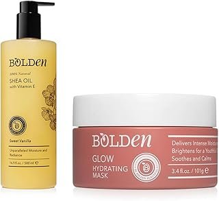 BOLDEN Glow Hydrating Mask 3.4 fl oz & Shea Oil with Vitamin E 16.9 fl oz Bundle | Deep Moisturizing Face Mask + 100% Natural Hydrating Oil for Skin & Hair