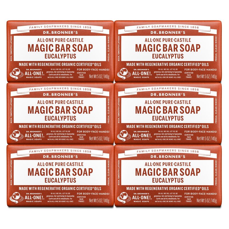 Dr. Bronner's Pure-Castile Magic Soap Bars (Eucalyptus, 5 oz, 6-Pack)- Made with Regenerative Organic Certified Oils for Face, Body & Hair - Gentle, Vegan- Bar Soaps for Men & Women
