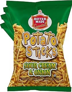 Better Made Potato Sticks Sour Cream and Onion Flavor 3oz Bags (8 Pack/24oz) - Shoestring Potato Sticks - Gluten Free - Crunchy, Crispy Snack from Fresh Potatoes - Lunch - Family Owned