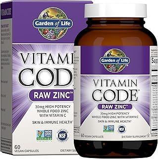 Garden of Life Zinc Supplements 30mg High Potency Raw Zinc and Vitamin C Multimineral Supplement, Vitamin Code Vitamins Trace Minerals & Probiotics for Skin Health & Immune Support, 60 Vegan Capsules