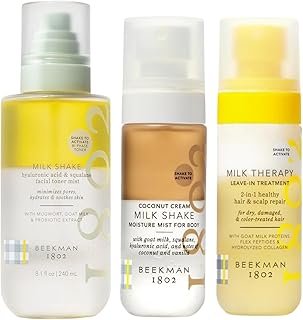 Beekman 1802 Head to Toe Milk Shake Bundle For Face, Body, and Hair - Includes Hyaluronic Acid Toner Face Mist, Hydrating Body Mist in Coconut, and Milk Therapy Peptide Leave In Treatment