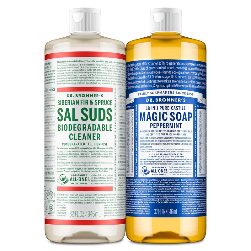 Dr. Bronner’s Pure-Castile Magic Soap Variety Pack & Sal Suds Biodegradable Cleaner Liquid Body Soap, All-Purpose Cleaner, Vegan, Cruelty-Free, Non-GMO, Peppermint Pure-Castile Liquid 32 oz & Sal Suds