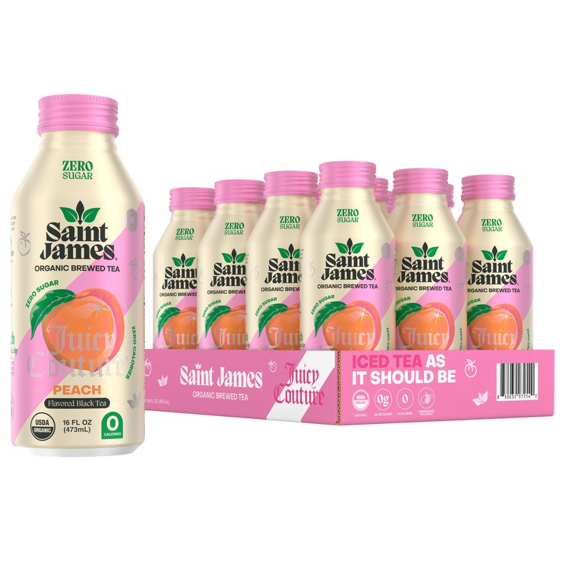 Saint James Iced Tea x Juicy Couture Limited Edition - Organic Black Tea - Non-GMO, Gluten Free, Zero Calorie, Zero Sugar - Juicy Peach, 12 Pack (16 fl oz each)