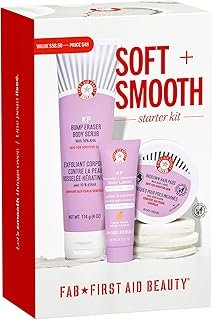First Aid Beauty Soft + Smooth Starter Body Kit: KP Bump Eraser Body Scrub, 4 oz, Smoothing + Brightening Lotion (Peach), 1oz, & Ingrown Hair Pads, 28 Pads, Exfoliation & Hydrating Skin Care Set, 3ct