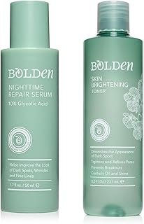 BOLDEN Nighttime Repair Serum & Skin Brightening Toner Bundle – Targets Dark Spots, Discoloration, Breakouts, & Oil – Ideal for Acne-Prone & Melanin-Rich Skin – With AHA Glycolic Acid, Niacinamide & H