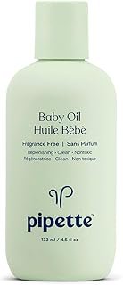 Pipette Baby Oil - Nurture, Moisturize Baby Skin, Vitamin E, Sensitive, Dry Skin, Fragrance Free with Renewable Plant-Derived Squalane, 4.5 fl oz