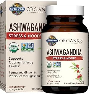 Garden of Life Organic Ashwagandha Supplement with Probiotics & Ginger - Stress, Mood & Energy Support, Vegan, Gluten Free, Non GMO, 2 Month Supply, 60 Tablets